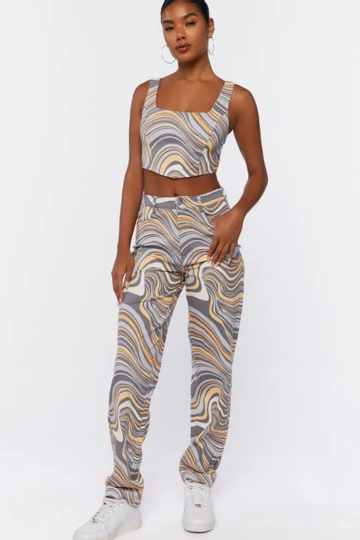 Abstract Crop Top & Pants Set