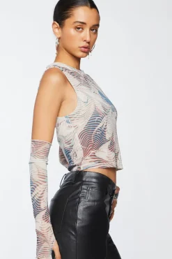 Abstract Mesh Crop Top & Gloves Set