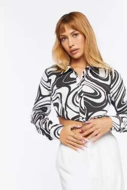 Abstract Print Chain-Hem Cropped Shirt