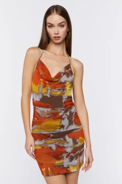 Abstract Print Cowl Neck Halter Dress