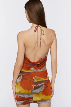 Abstract Print Cowl Neck Halter Dress