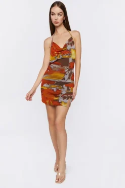 Abstract Print Cowl Neck Halter Dress