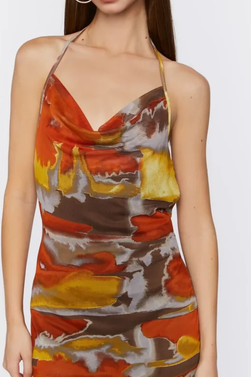 Abstract Print Cowl Neck Halter Dress