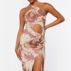 Abstract Print Mesh Halter Midi Dress