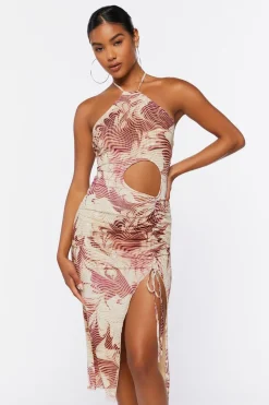 Abstract Print Mesh Halter Midi Dress