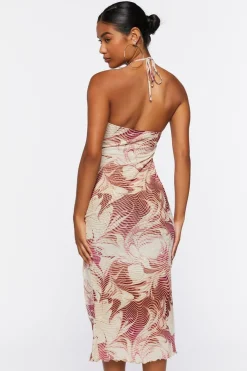 Abstract Print Mesh Halter Midi Dress