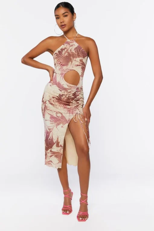 Abstract Print Mesh Halter Midi Dress