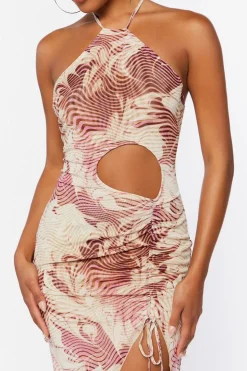 Abstract Print Mesh Halter Midi Dress