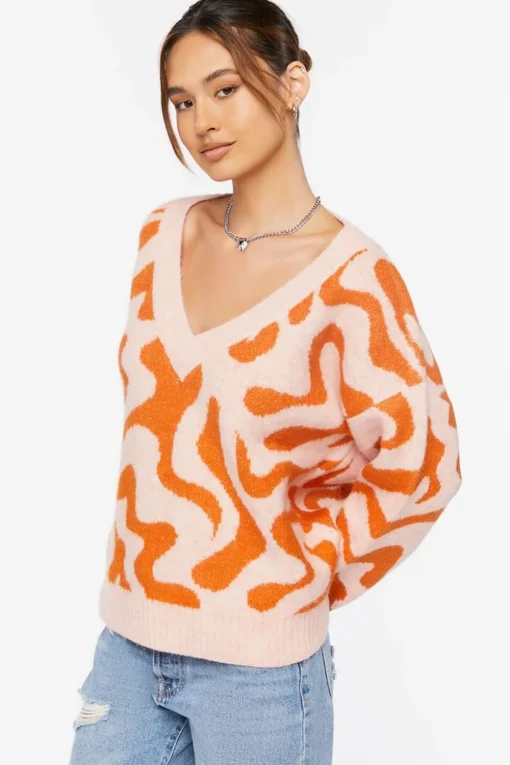 Abstract Print V-Neck Sweater