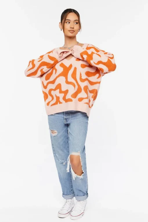 Abstract Print V-Neck Sweater