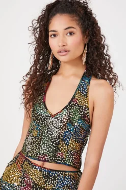 Abstract Sequin Halter Crop Top