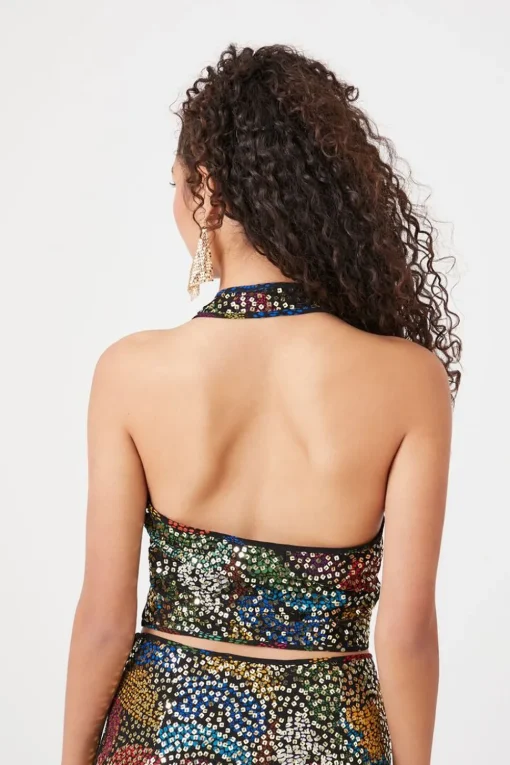 Abstract Sequin Halter Crop Top
