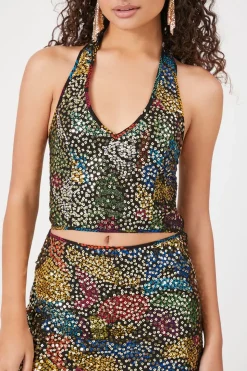Abstract Sequin Halter Crop Top