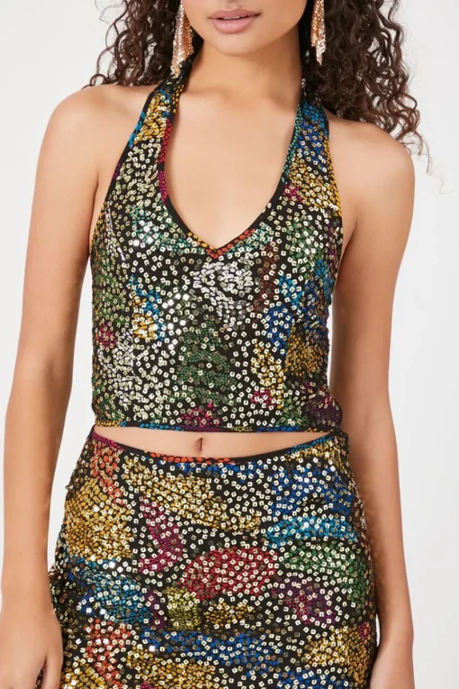 Abstract Sequin Halter Crop Top