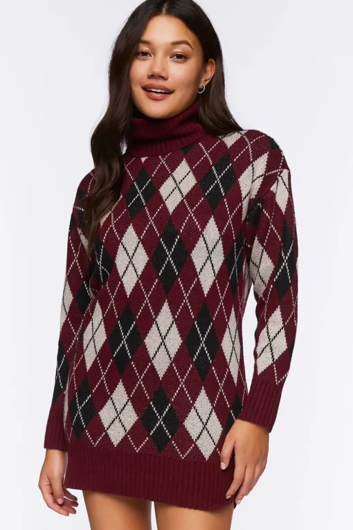 Argyle Turtleneck Mini Sweater Dress