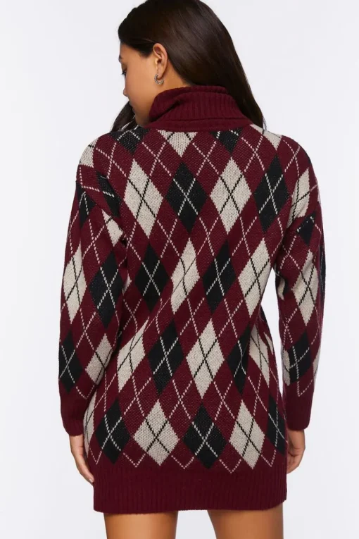 Argyle Turtleneck Mini Sweater Dress