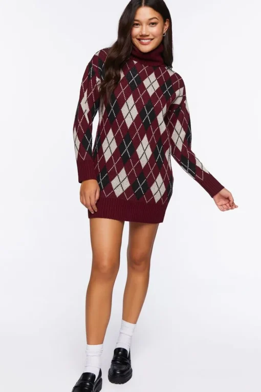 Argyle Turtleneck Mini Sweater Dress