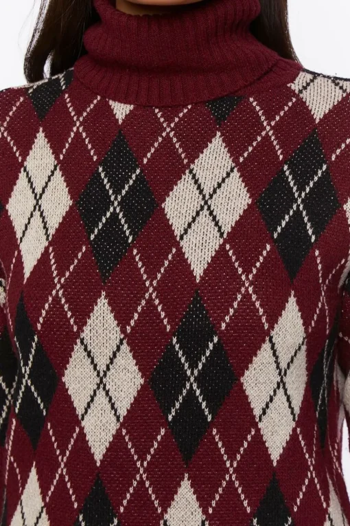 Argyle Turtleneck Mini Sweater Dress