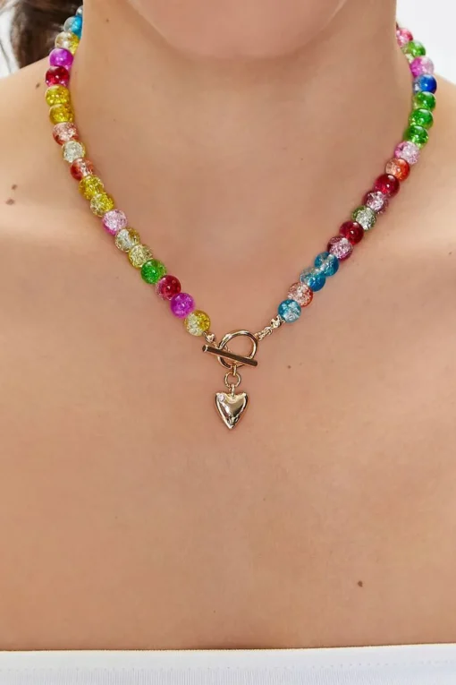 Beaded Heart Charm Toggle Necklace