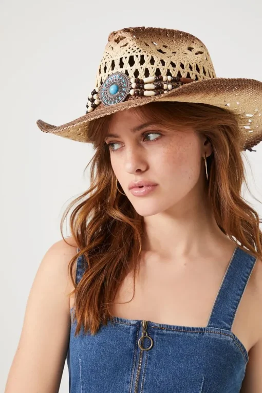 Beaded-Trim Straw Cowboy Hat