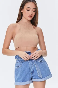 Belted Foldover Denim Shorts