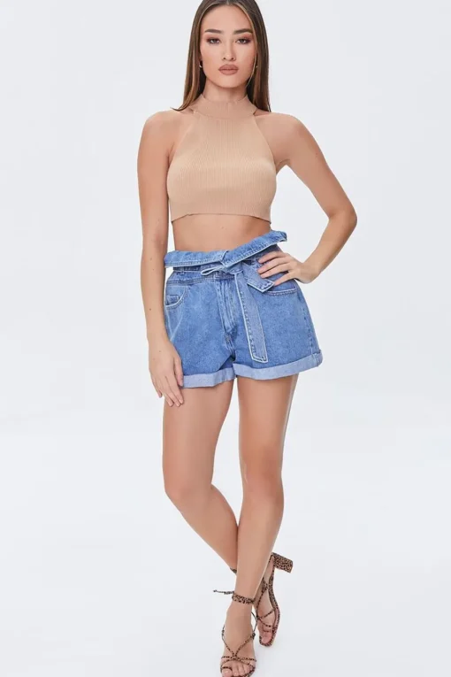 Belted Foldover Denim Shorts