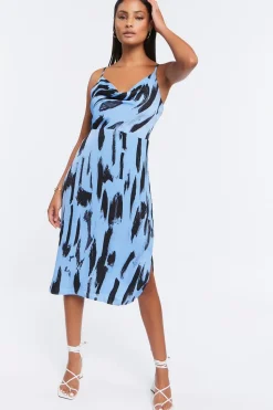 Brushstroke Print Satin Midi Dress