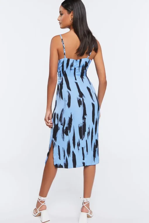 Brushstroke Print Satin Midi Dress