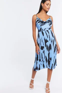 Brushstroke Print Satin Midi Dress