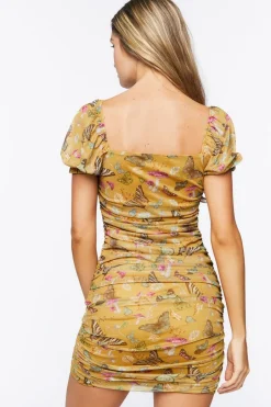 Butterfly Print Ruched Mini Dress