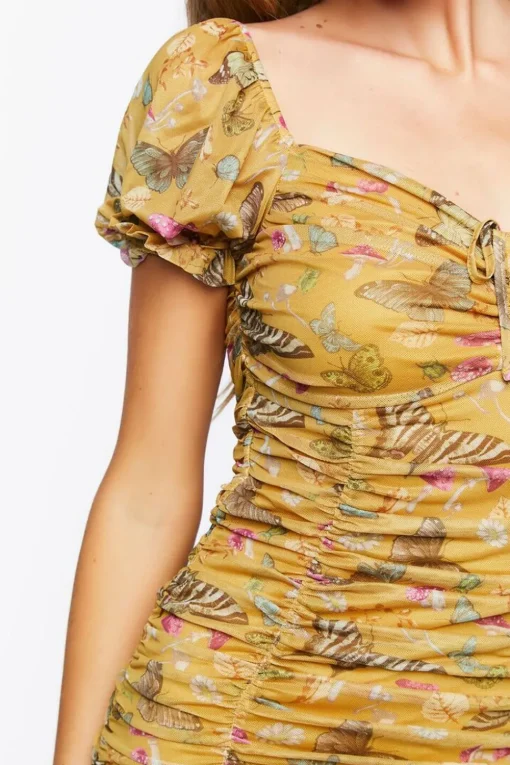 Butterfly Print Ruched Mini Dress