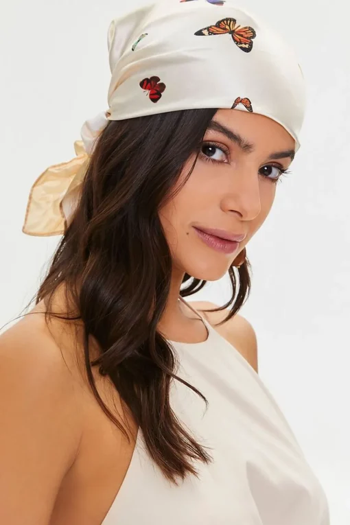 Butterfly Print Satin Head Scarf