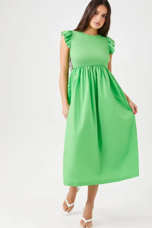 Butterfly-Sleeve Midi Babydoll Dress