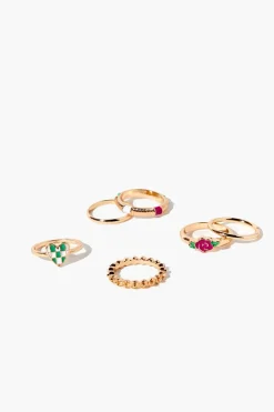 Checkered Heart & Rose Ring Set