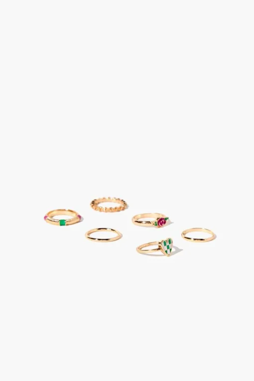 Checkered Heart & Rose Ring Set