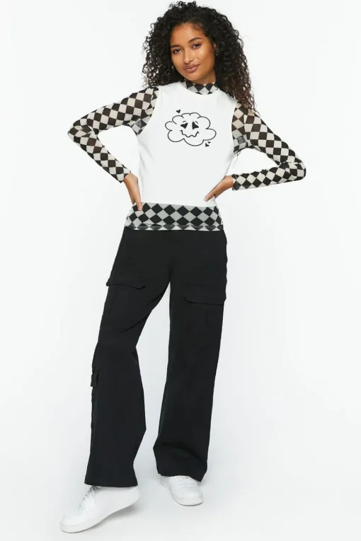 Checkered Print & Cloud Graphic Combo Tee