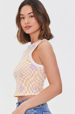 Checkered Print Floral Tank Top