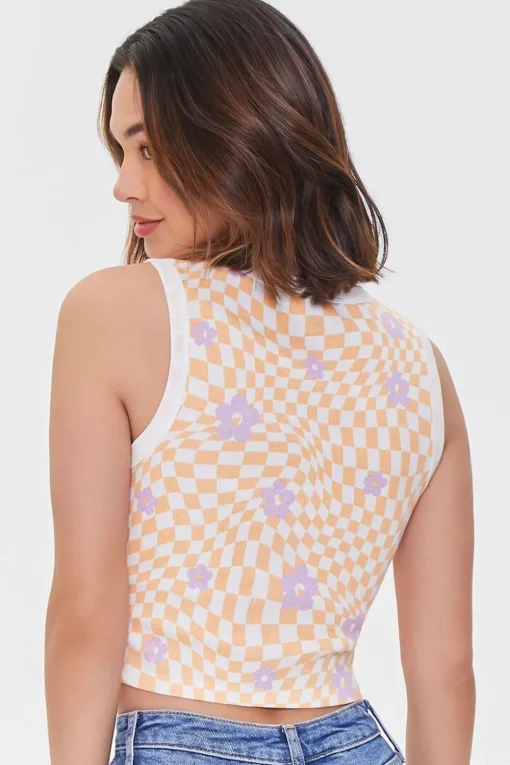 Checkered Print Floral Tank Top
