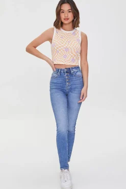 Checkered Print Floral Tank Top
