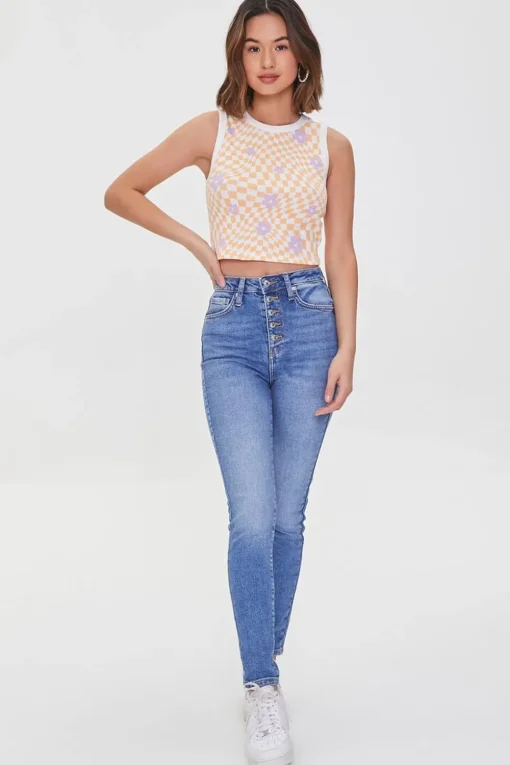 Checkered Print Floral Tank Top