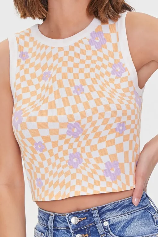 Checkered Print Floral Tank Top