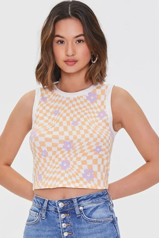 Checkered Print Floral Tank Top