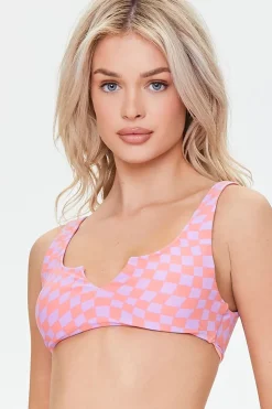Checkered Split Neck Bikini Top