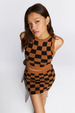 Checkered Sweater-Knit Mini Skirt