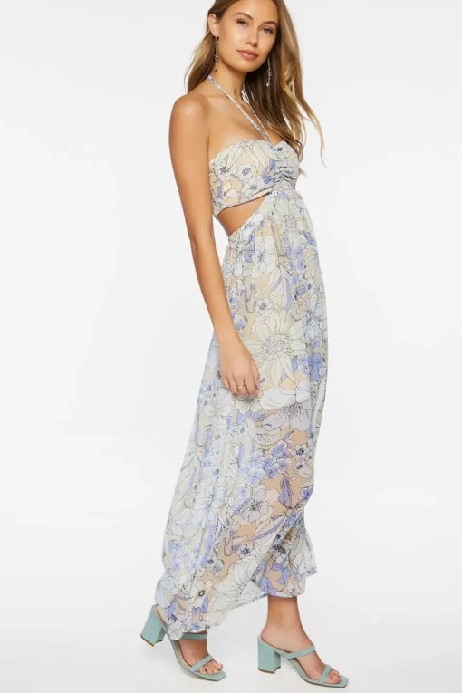 Chiffon Floral Maxi Halter Dress