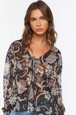 Chiffon Floral Print Lace-Up Top