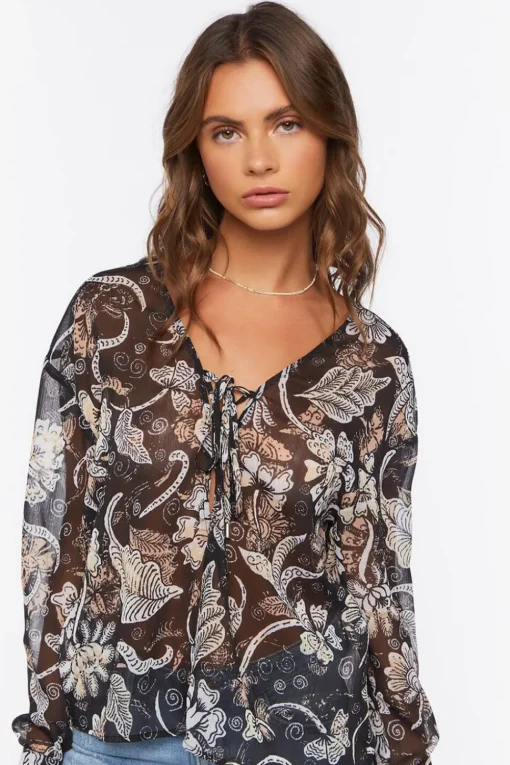 Chiffon Floral Print Lace-Up Top