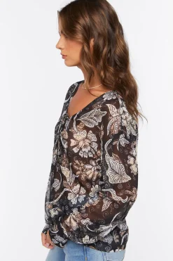 Chiffon Floral Print Lace-Up Top