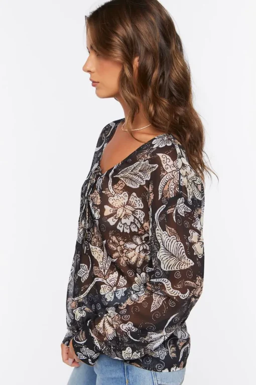 Chiffon Floral Print Lace-Up Top