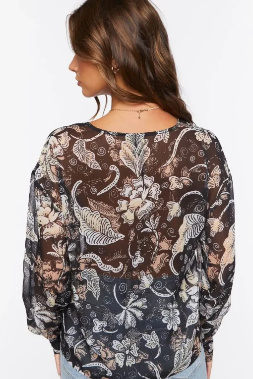 Chiffon Floral Print Lace-Up Top